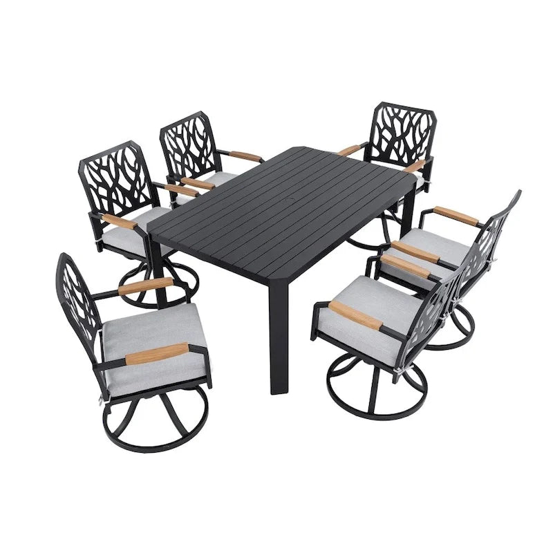 Ensemble de salle à manger d'extérieur moderne en aluminium 7 pièces avec 6 chaises pivotantes à bascule et trou pour parasol