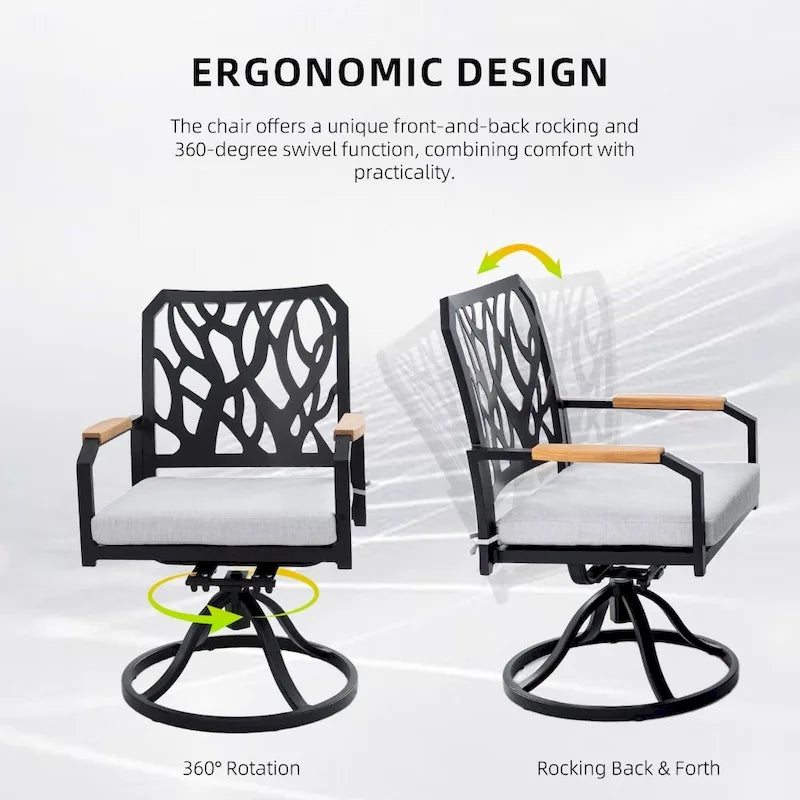 Ensemble de salle à manger d'extérieur moderne en aluminium 7 pièces avec 6 chaises pivotantes à bascule et trou pour parasol