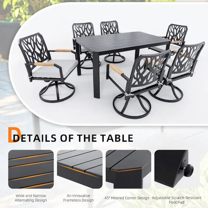 Ensemble de salle à manger d'extérieur moderne en aluminium 7 pièces avec 6 chaises pivotantes à bascule et trou pour parasol