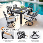 Ensemble de salle à manger d'extérieur moderne en aluminium 7 pièces avec 6 chaises pivotantes à bascule et trou pour parasol