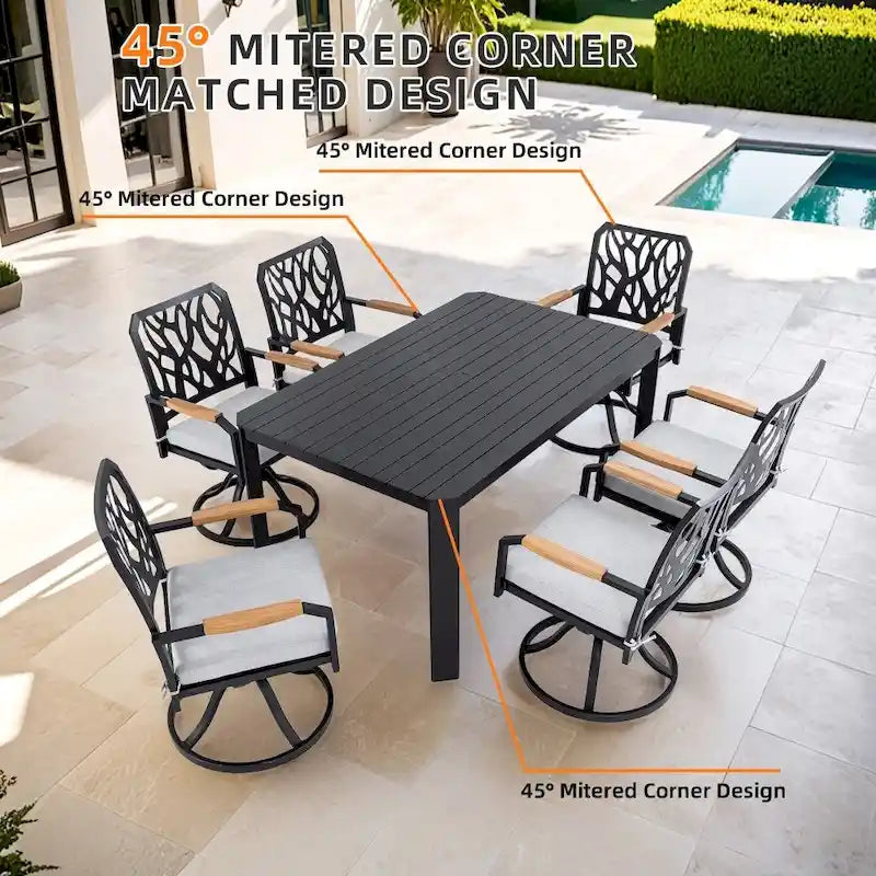 Ensemble de salle à manger d'extérieur moderne en aluminium 7 pièces avec 6 chaises pivotantes à bascule et trou pour parasol