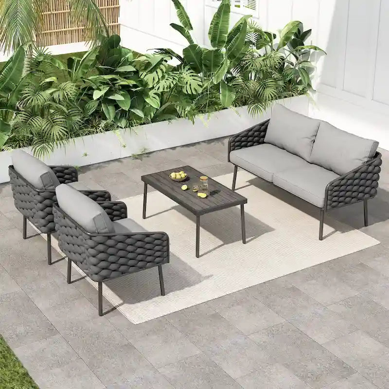 Ensemble de canapé d'extérieur Roomfitters 4 pièces en métal avec coussins, mobilier de jardin ou balcon avec assise profonde, gris