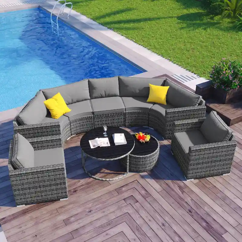Ensemble de canapé d'angle demi-lune 9 pièces avec table gigogne et fauteuils
