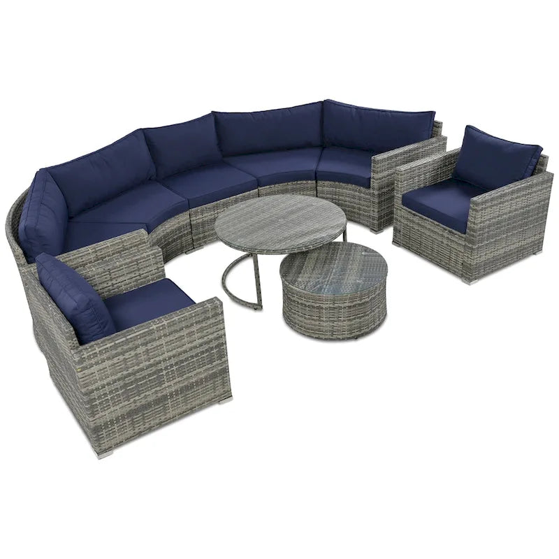 Ensemble de canapé d'angle demi-lune 9 pièces avec table gigogne et fauteuils