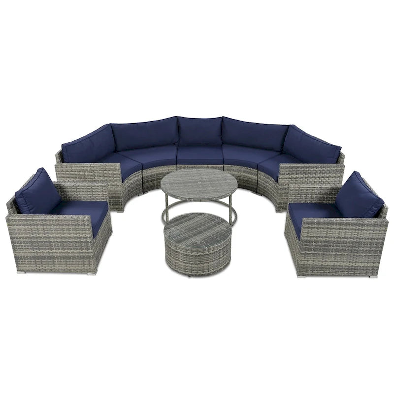 Ensemble de canapé d'angle demi-lune 9 pièces avec table gigogne et fauteuils