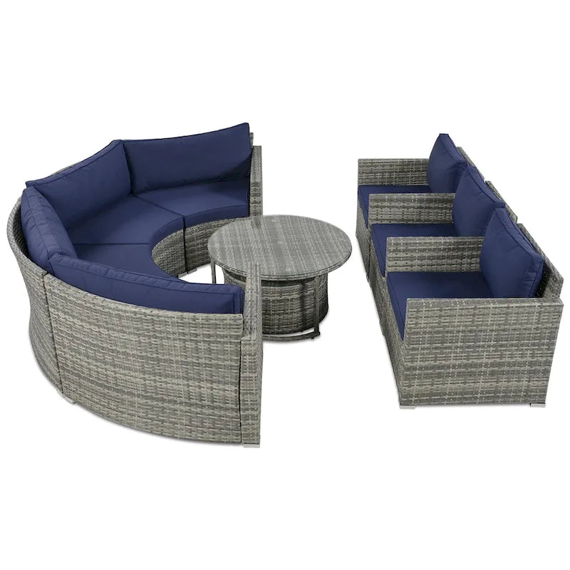 Ensemble de canapé d'angle demi-lune 9 pièces avec table gigogne et fauteuils