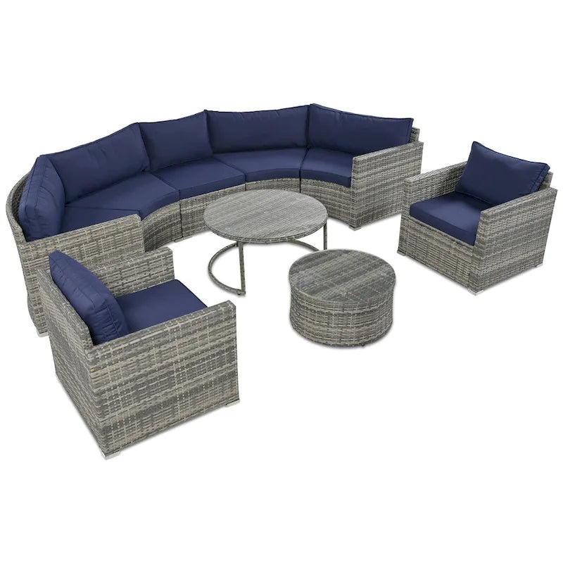 Ensemble de canapé d'angle demi-lune 9 pièces avec table gigogne et fauteuils