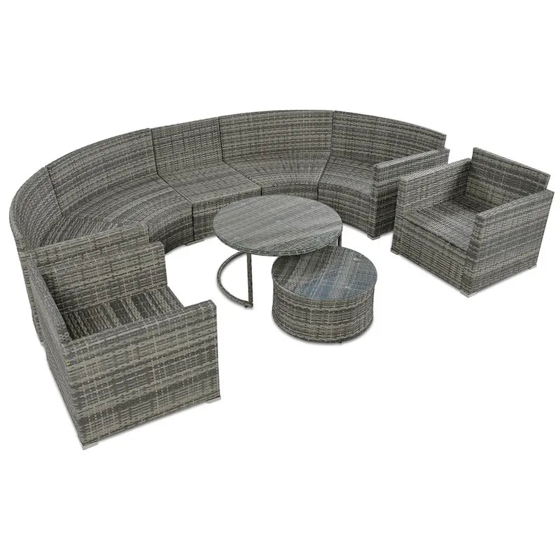 Ensemble de canapé d'angle demi-lune 9 pièces avec table gigogne et fauteuils