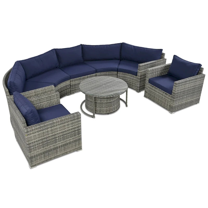 Ensemble de canapé d'angle demi-lune 9 pièces avec table gigogne et fauteuils