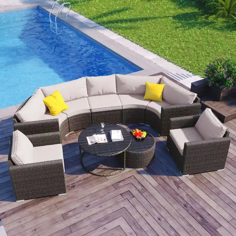 Ensemble de canapé d'angle demi-lune 9 pièces avec table gigogne et fauteuils