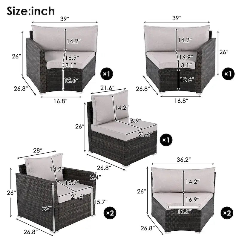 Ensemble de canapé d'angle demi-lune 9 pièces avec table gigogne et fauteuils