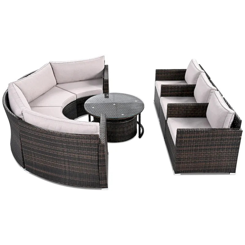Ensemble de canapé d'angle demi-lune 9 pièces avec table gigogne et fauteuils