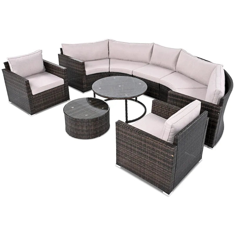 Ensemble de canapé d'angle demi-lune 9 pièces avec table gigogne et fauteuils