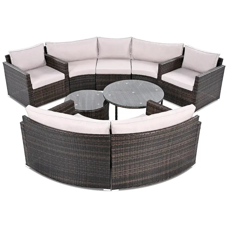 Ensemble de canapé d'angle demi-lune 9 pièces avec table gigogne et fauteuils