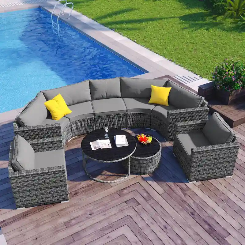 Ensemble de canapé d'angle demi-lune 9 pièces avec table gigogne et fauteuils