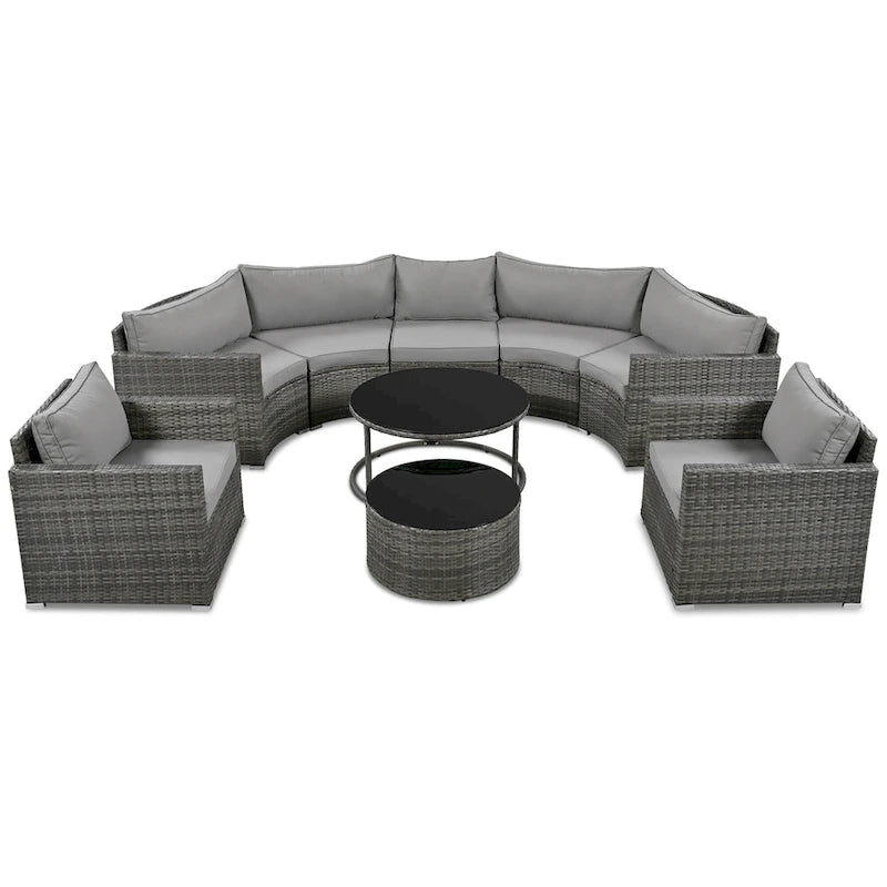 Ensemble de canapé d'angle demi-lune 9 pièces avec table gigogne et fauteuils