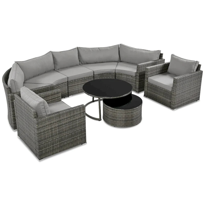 Ensemble de canapé d'angle demi-lune 9 pièces avec table gigogne et fauteuils