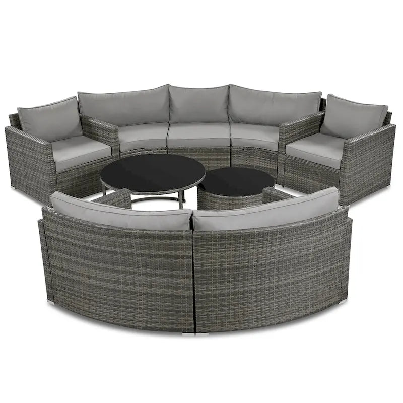 Ensemble de canapé d'angle demi-lune 9 pièces avec table gigogne et fauteuils
