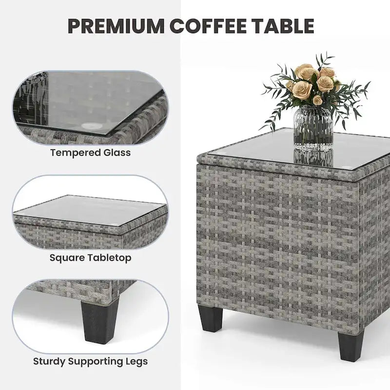 Ensemble de jardin Costway 3 pièces en résine tressée avec table en verre trempé - Voir les détails