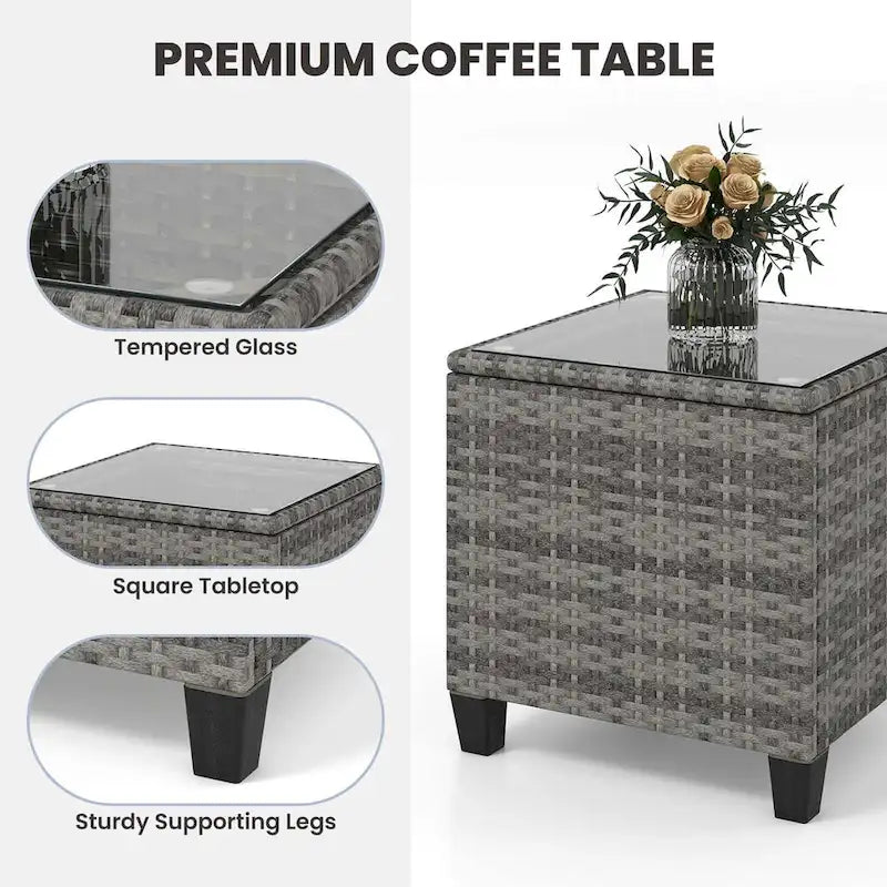 Ensemble de jardin Costway 3 pièces en résine tressée avec table en verre trempé - Voir les détails