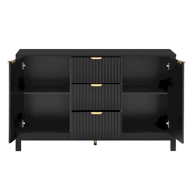 Meuble d'entrée à motif ondulé - 3 étagères réglables, 3 tiroirs et portes fermées, console de rangement avec poignée en métal