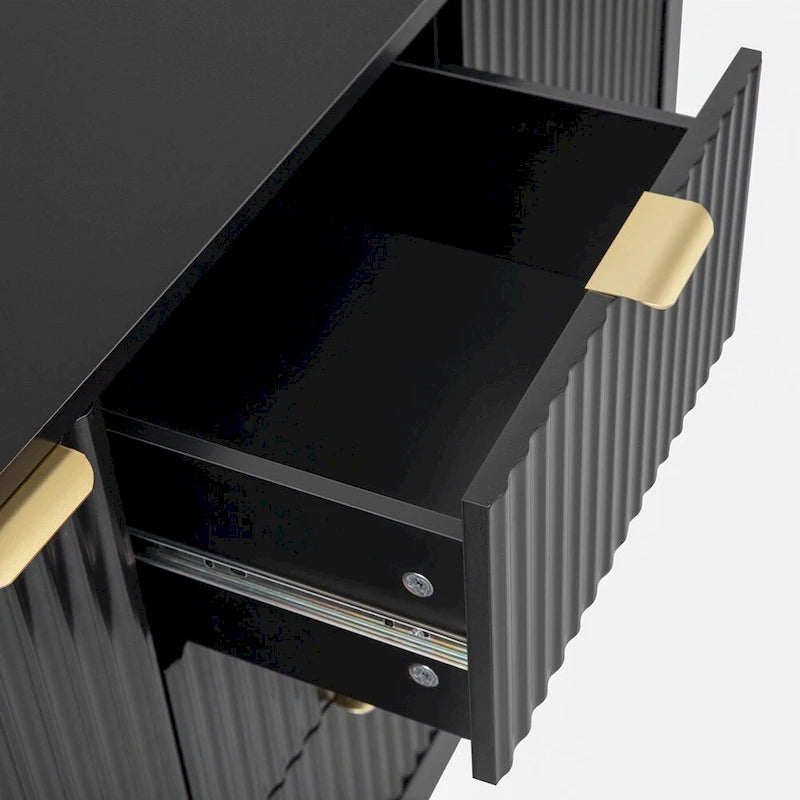 Meuble d'entrée à motif ondulé - 3 étagères réglables, 3 tiroirs et portes fermées, console de rangement avec poignée en métal