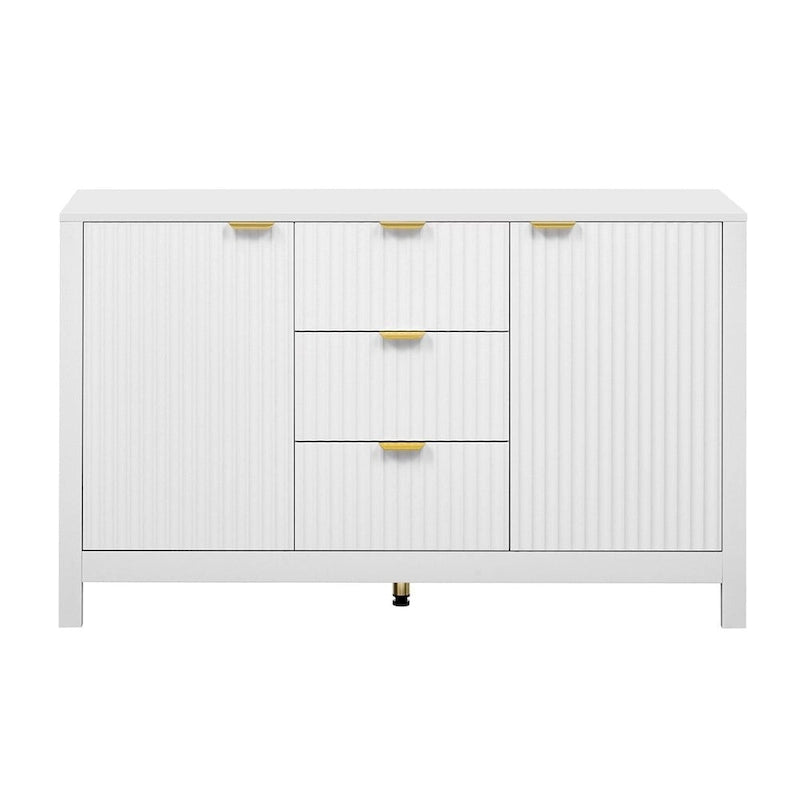 Meuble d'entrée à motif ondulé - 3 étagères réglables, 3 tiroirs et portes fermées, console de rangement avec poignée en métal