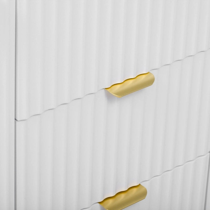 Meuble d'entrée à motif ondulé - 3 étagères réglables, 3 tiroirs et portes fermées, console de rangement avec poignée en métal