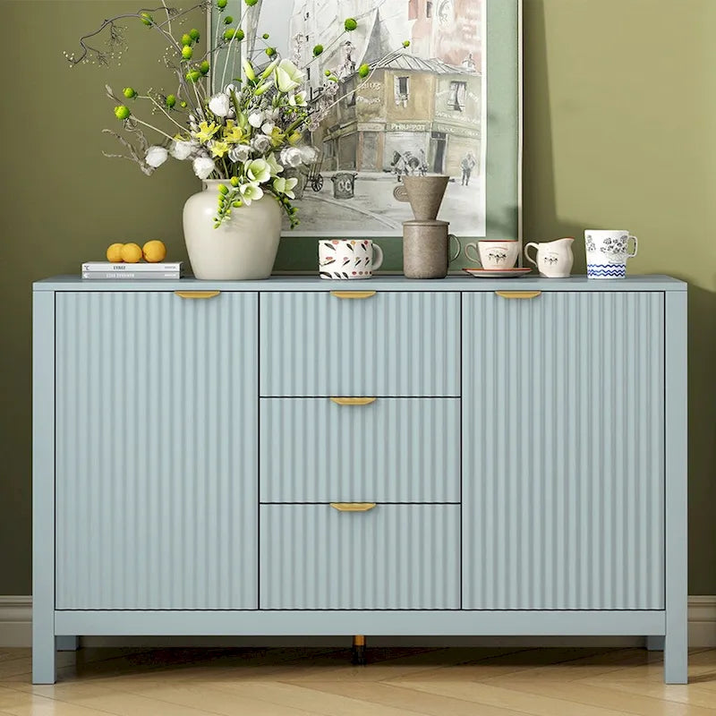 Meuble d'entrée à motif ondulé - 3 étagères réglables, 3 tiroirs et portes fermées, console de rangement avec poignée en métal