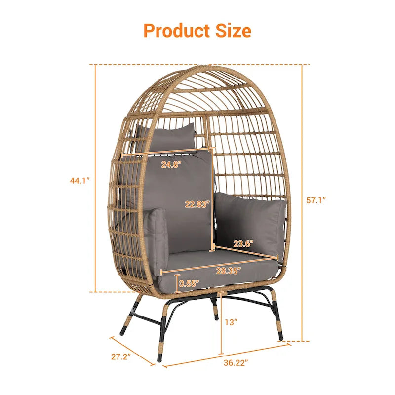 Fauteuil œuf en osier, très grand modèle (supportant jusqu'à 272 kg), avec coussin et oreiller.