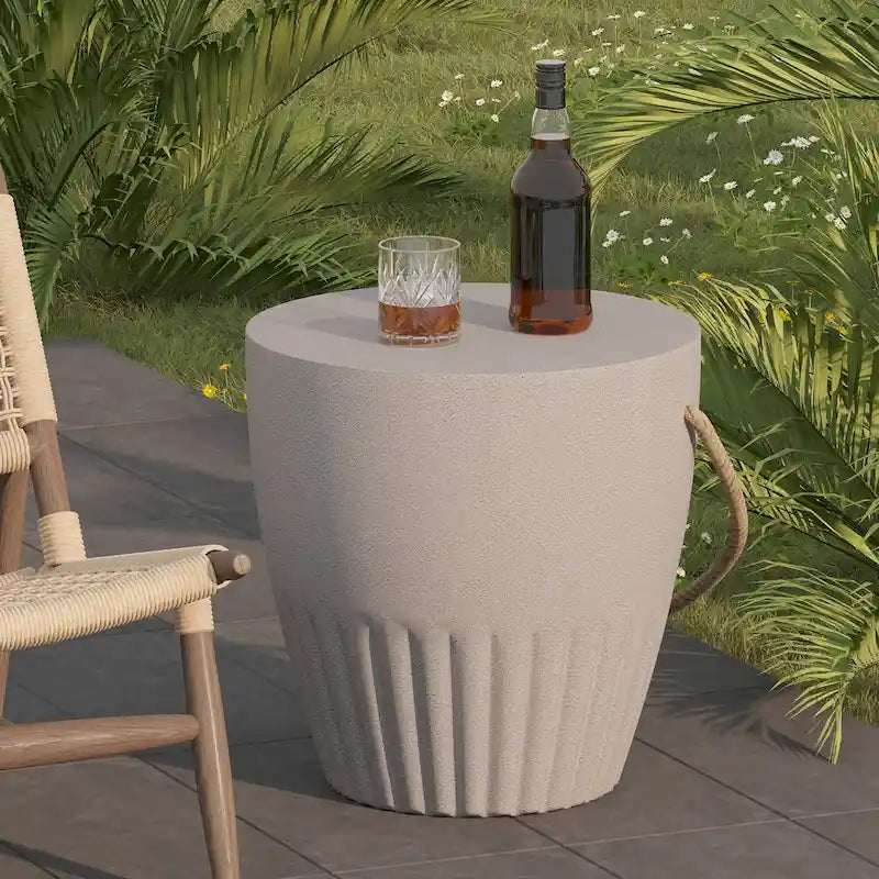 Outdoor Lightweight Concrete Side Table w Hemp Rope Handles