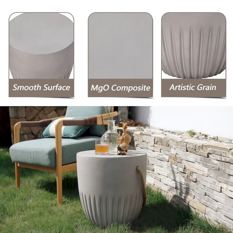 Table d'appoint d'extérieur légère en béton avec poignées en corde de chanvre