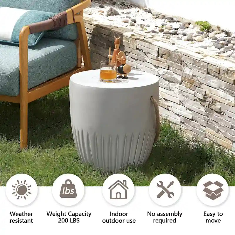 Table d'appoint d'extérieur légère en béton avec poignées en corde de chanvre