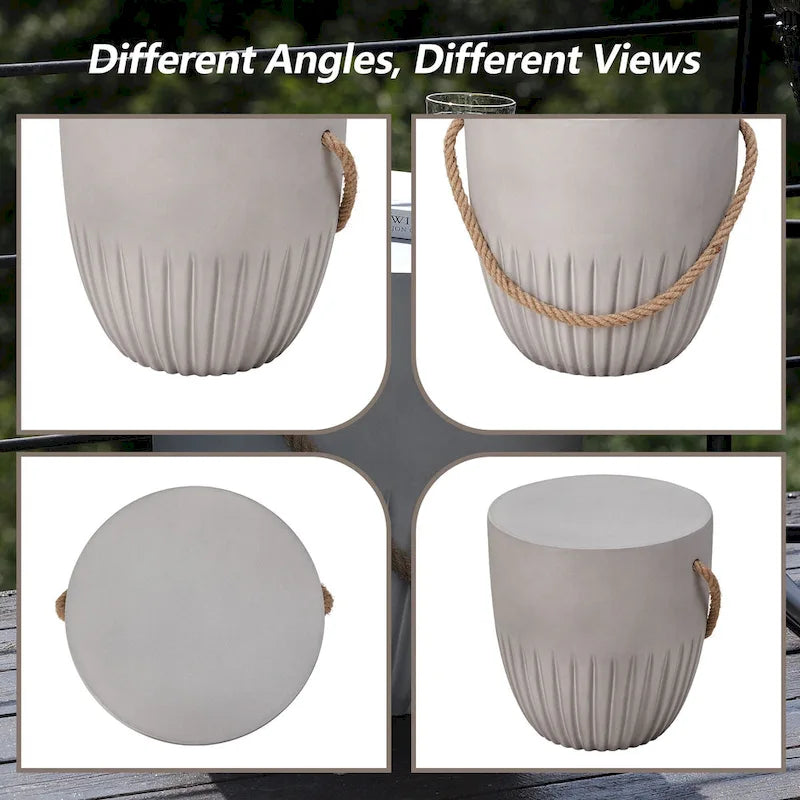 Table d'appoint d'extérieur légère en béton avec poignées en corde de chanvre