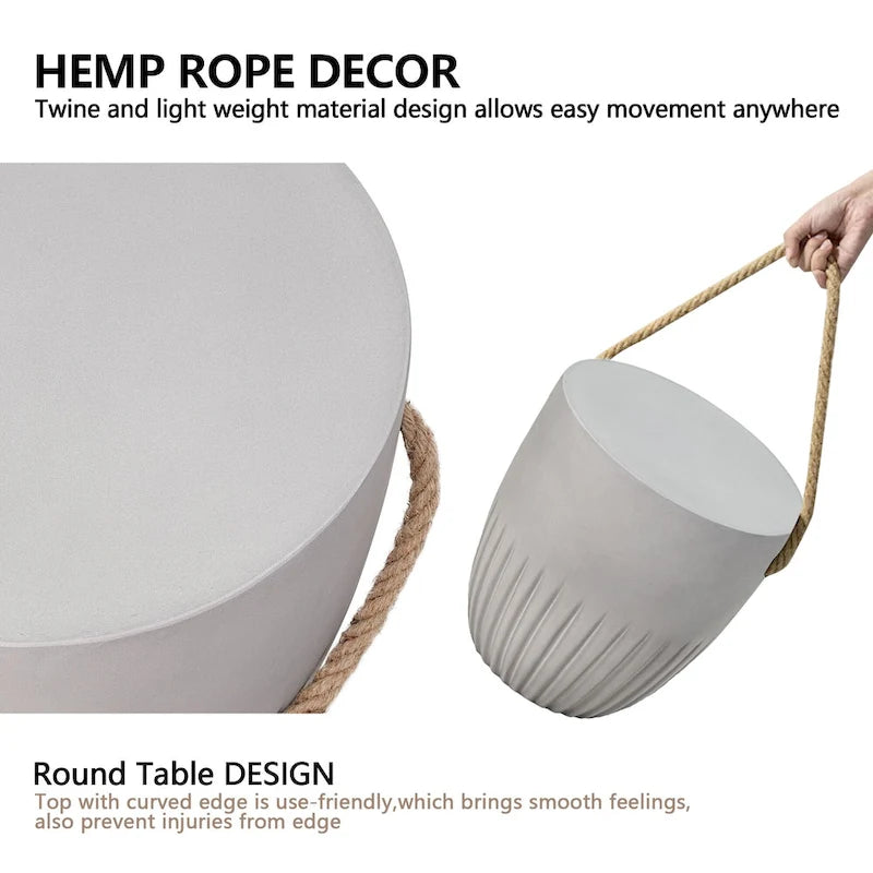 Table d'appoint d'extérieur légère en béton avec poignées en corde de chanvre