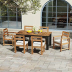 Ensemble de table et chaises de patio 7 pièces, ensemble de salle à manger en bois pour 6 personnes avec trou pour parasol, 2 fauteuils et 4 chaises.
