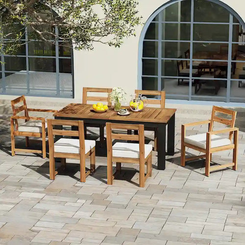 Ensemble de table et chaises de patio 7 pièces, ensemble de salle à manger en bois pour 6 personnes avec trou pour parasol, 2 fauteuils et 4 chaises.