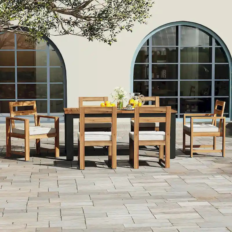 Ensemble de table et chaises de patio 7 pièces, ensemble de salle à manger en bois pour 6 personnes avec trou pour parasol, 2 fauteuils et 4 chaises.