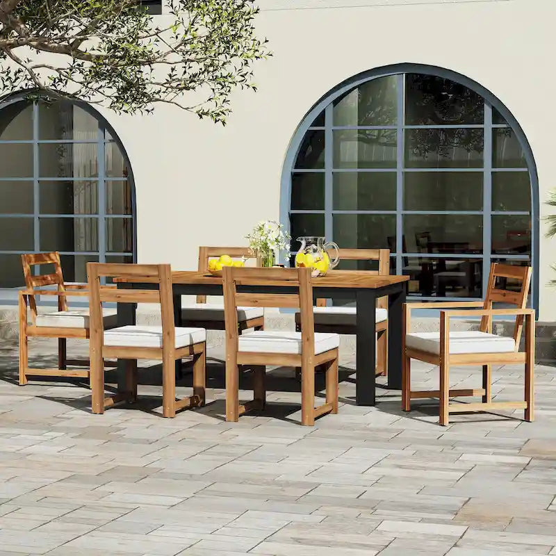 Ensemble de table et chaises de patio 7 pièces, ensemble de salle à manger en bois pour 6 personnes avec trou pour parasol, 2 fauteuils et 4 chaises.