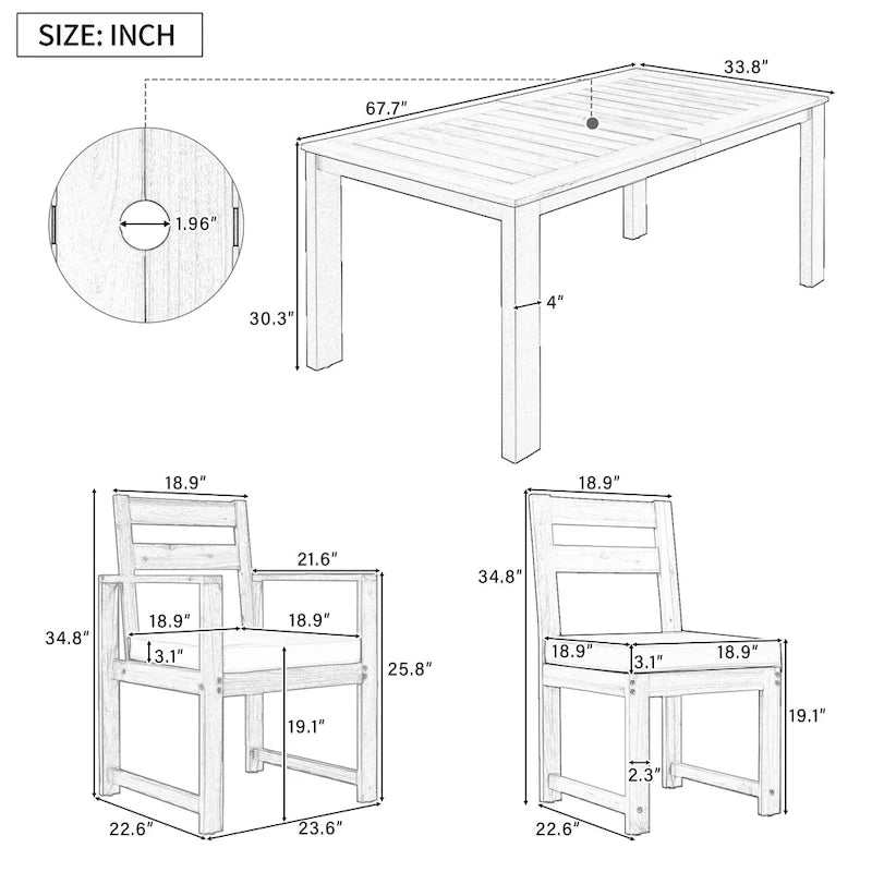 Ensemble de table et chaises de patio 7 pièces, ensemble de salle à manger en bois pour 6 personnes avec trou pour parasol, 2 fauteuils et 4 chaises.