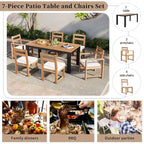 Ensemble de table et chaises de patio 7 pièces, ensemble de salle à manger en bois pour 6 personnes avec trou pour parasol, 2 fauteuils et 4 chaises.