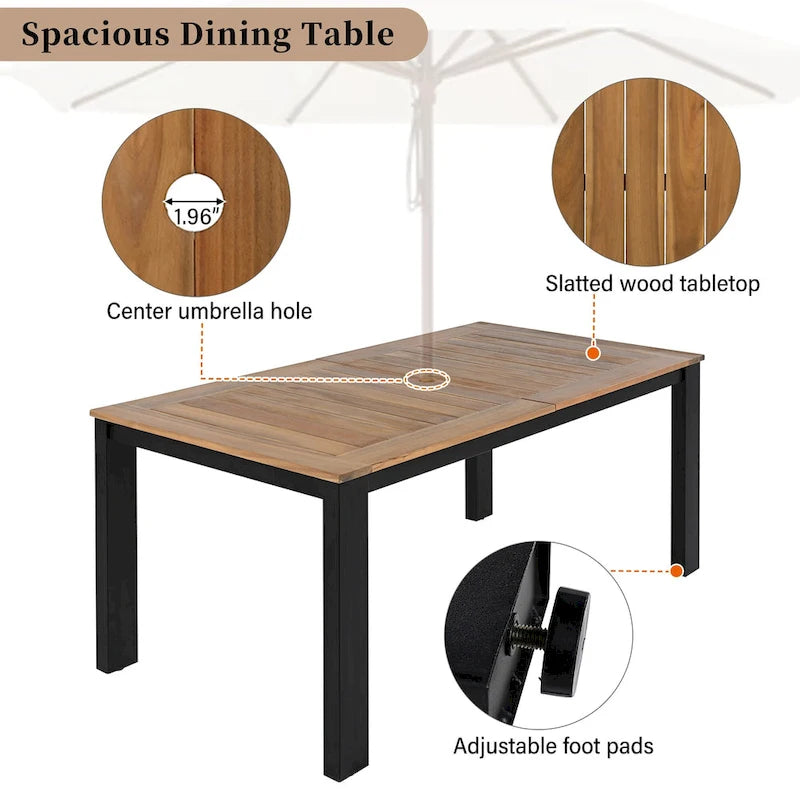 Ensemble de table et chaises de patio 7 pièces, ensemble de salle à manger en bois pour 6 personnes avec trou pour parasol, 2 fauteuils et 4 chaises.