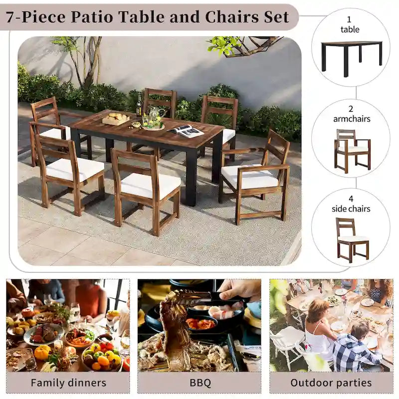 Ensemble de table et chaises de patio 7 pièces, ensemble de salle à manger en bois pour 6 personnes avec trou pour parasol, 2 fauteuils et 4 chaises.
