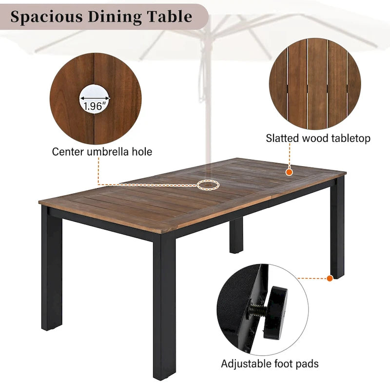 Ensemble de table et chaises de patio 7 pièces, ensemble de salle à manger en bois pour 6 personnes avec trou pour parasol, 2 fauteuils et 4 chaises.