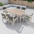 Ensemble de salle à manger d'extérieur 7 pièces en bois d'acacia avec table rectangulaire et 6 chaises rembourrées en rotin avec dossier.