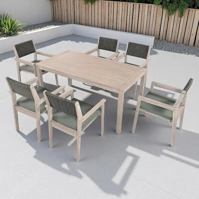 Ensemble de salle à manger d'extérieur 7 pièces en bois d'acacia avec table rectangulaire et 6 chaises rembourrées en rotin avec dossier.