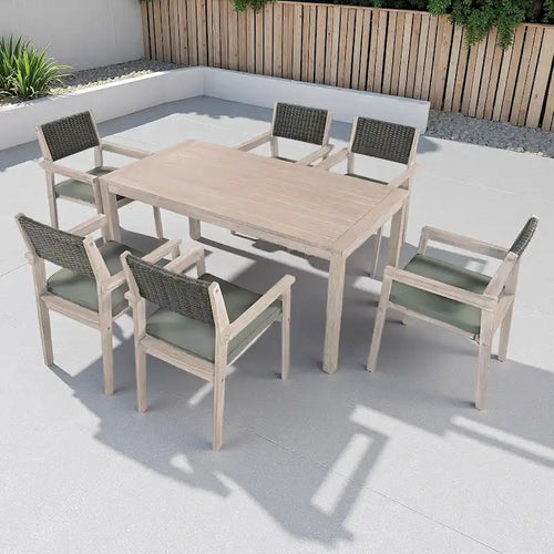7-Piece Outdoor Patio Acacia Wood Dining Set with Rectangular Table and 6 Rattan Backrest Cushioned Chairs