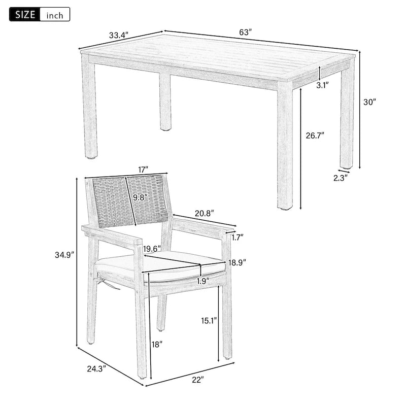 Ensemble de salle à manger d'extérieur 7 pièces en bois d'acacia avec table rectangulaire et 6 chaises rembourrées en rotin avec dossier.