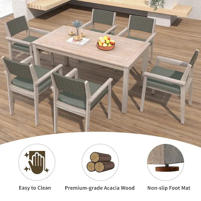 Ensemble de salle à manger d'extérieur 7 pièces en bois d'acacia avec table rectangulaire et 6 chaises rembourrées en rotin avec dossier.