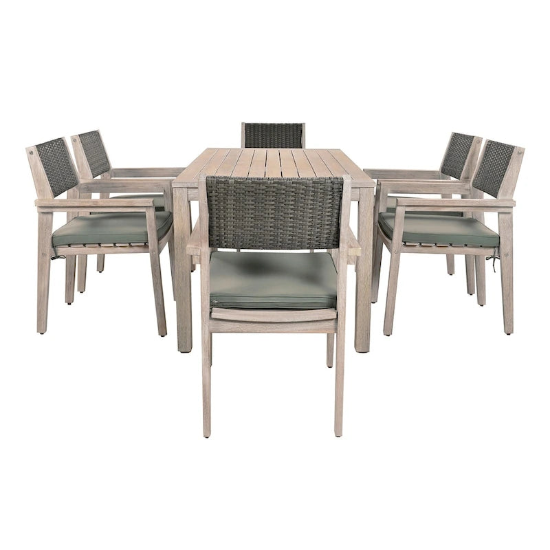 Ensemble de salle à manger d'extérieur 7 pièces en bois d'acacia avec table rectangulaire et 6 chaises rembourrées en rotin avec dossier.